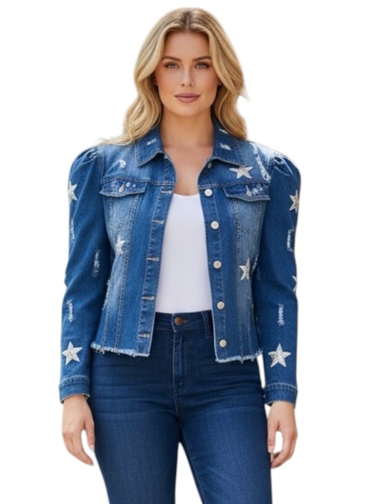 Jackets & Blazers - Plus Size 2XL Long Puff Sleeve Stars Embroidered Distressed Denim Jacket